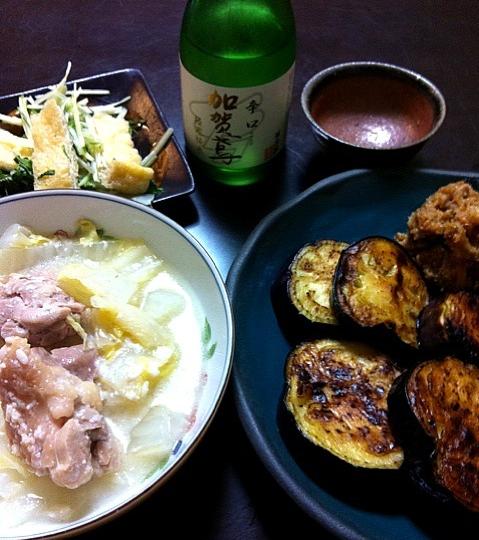 今日の家居酒屋はお一人さま、鶏と白菜の塩麹煮、焼きなす豚味噌添え、水菜とあげのお浸し 2012-5-8 今日の家居酒屋はお一人さま、鶏と白菜の塩麹煮、焼きなす豚味噌添え、水菜とあげのお浸し,晩ご飯